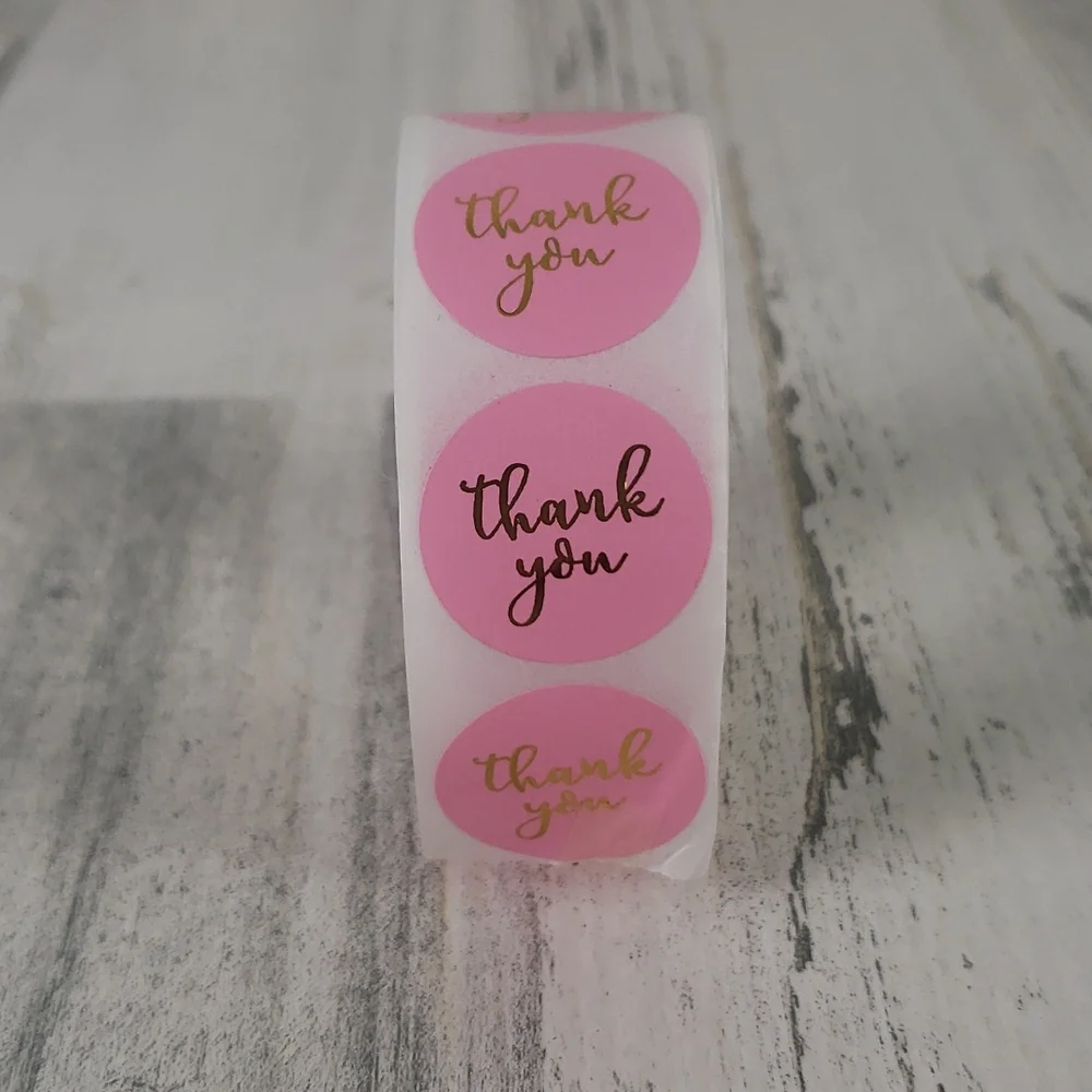 1 roll of 500 Thank You stickers pink with gold foil lettering